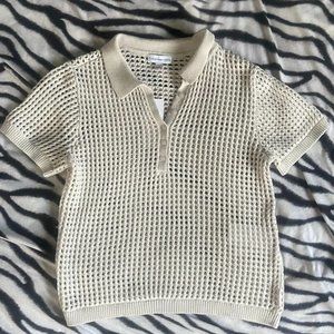 CALVIN KLEIN JEANS (Size M) Beige Crochet Polo Top